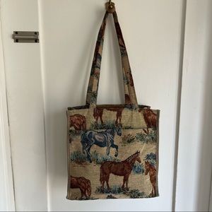 Vintage JADE Horses Tapestry Shoulder Tote Bag